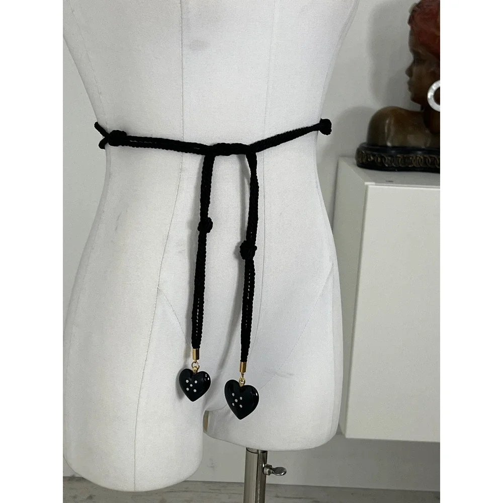 Unique Rope Knotted Belt With Plastic Heart Detail Gold Hardware One Size‎